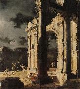 Leonardo Coccorante An architectural capriccio with figures amongst ruins,under a stormy night sky painting